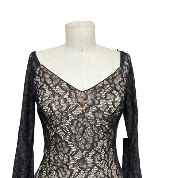 Dress The Population Off Shoulder Blouson Sleeve Lace‎ Dress Black Nude Size S - Picture 3 of 12